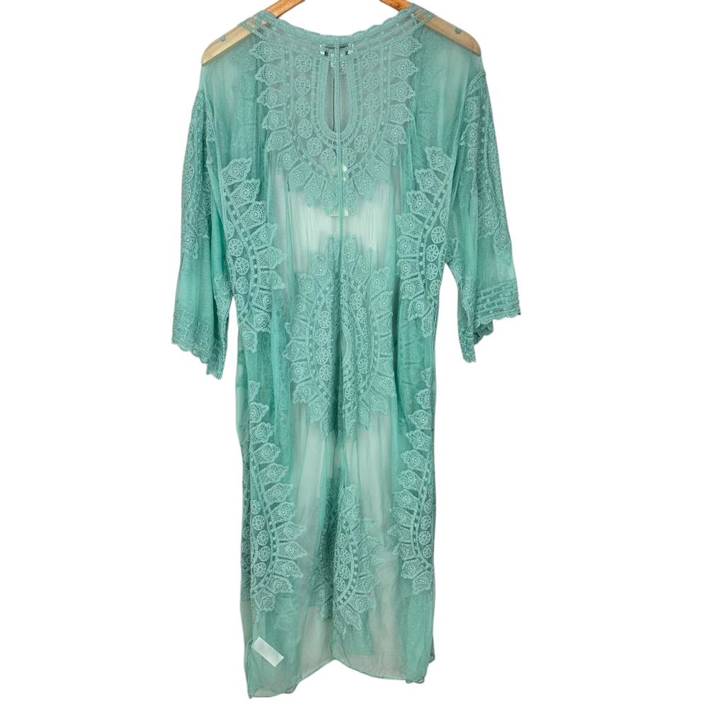 Rachel Zoe Embroidered Sheer Midi Kimono Turquoise One Size NWT Boho Festival - Picture 4 of 9